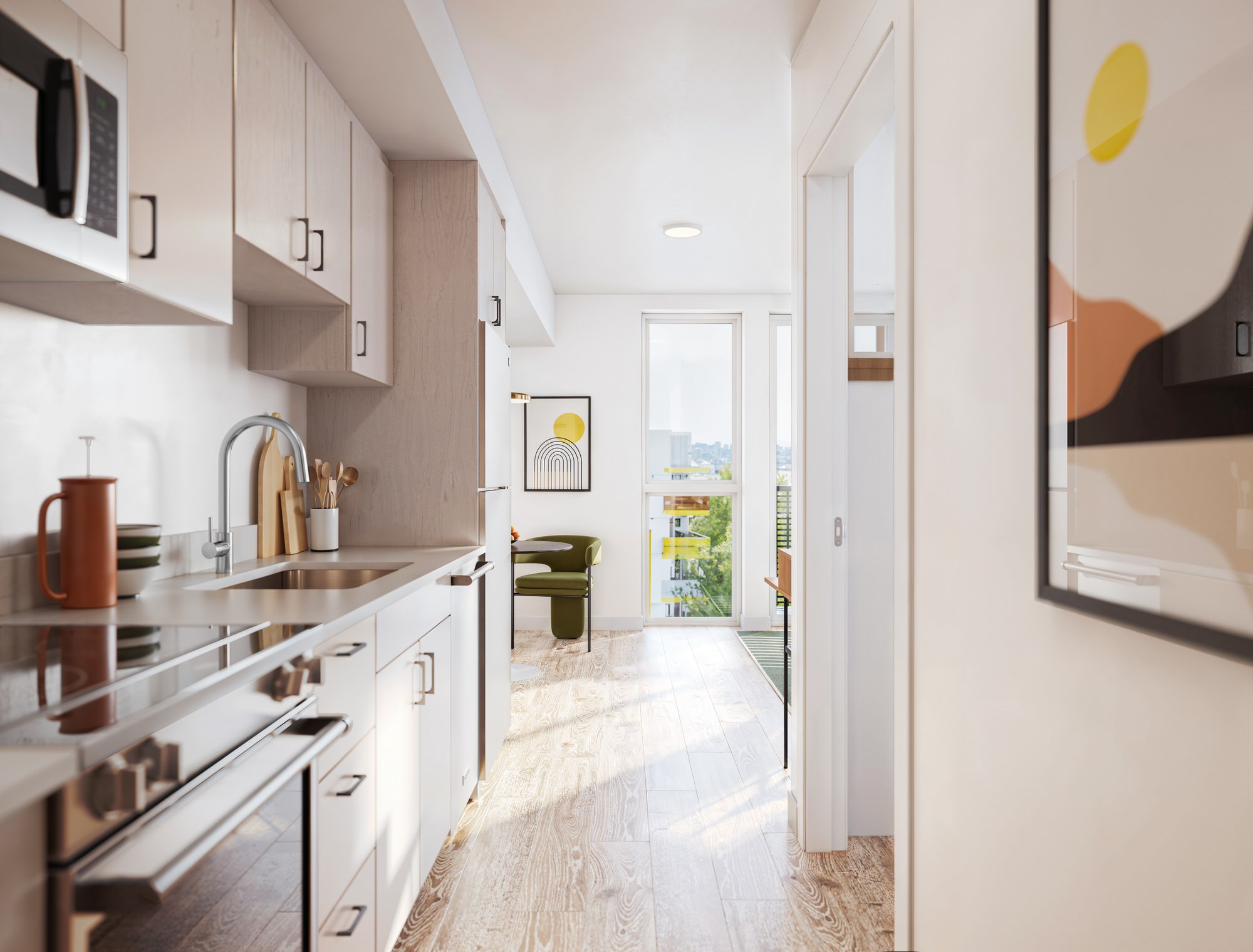 A modern kitchen with white cabinets and a stainless steel stove.
